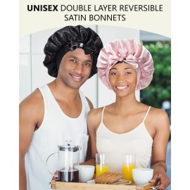 Satin Bonnet Silk Wrap for Sleeping - Reversible Night Cap with Tie Band for Curly Hair (Black + Pink)