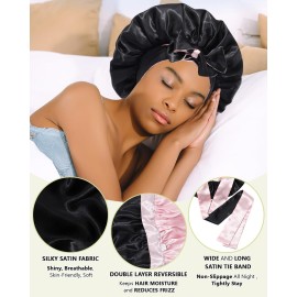 Satin Bonnet Silk Wrap for Sleeping - Reversible Night Cap with Tie Band for Curly Hair (Black + Pink)