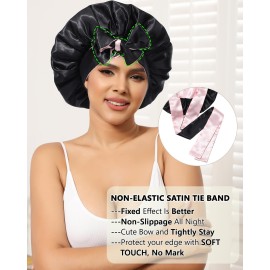 Satin Bonnet Silk Wrap for Sleeping - Reversible Night Cap with Tie Band for Curly Hair (Black + Pink)