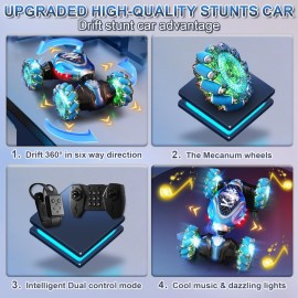 NEUBSAW Remote Control Stunt Car, Gifts Toys for Boys 4-12 Year Old, Gesture Sensing RC Cars 2.4GHz 4WD Drift Hand Controlled Twist Cars, Off-Road 360 Rotating Transform Cars with Lights & Music