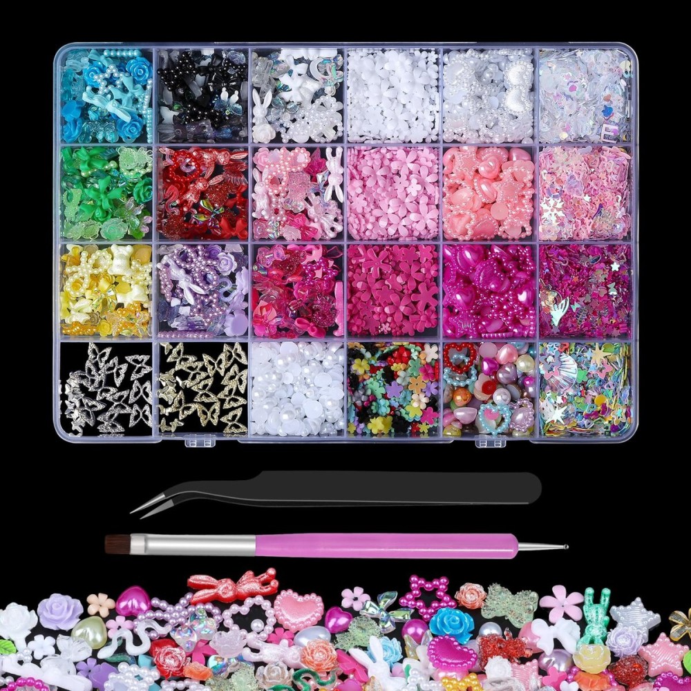 Kikonoke Cute 3D Nail Charms Set Rabbit Bow Heart Star Nail Jewels 4 Colors Nail Art Sequins Pink Flower Charms 3-6mm White Flatback Pearls Gold Silver Metal Butterfly Nail Gems with Tweezer and Brush