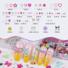Kikonoke Cute 3D Nail Charms Set Rabbit Bow Heart Star Nail Jewels 4 Colors Nail Art Sequins Pink Flower Charms 3-6mm White Flatback Pearls Gold Silver Metal Butterfly Nail Gems with Tweezer and Brush