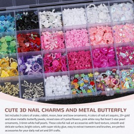 Kikonoke Cute 3D Nail Charms Set Rabbit Bow Heart Star Nail Jewels 4 Colors Nail Art Sequins Pink Flower Charms 3-6mm White Flatback Pearls Gold Silver Metal Butterfly Nail Gems with Tweezer and Brush