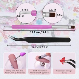 Kikonoke Cute 3D Nail Charms Set Rabbit Bow Heart Star Nail Jewels 4 Colors Nail Art Sequins Pink Flower Charms 3-6mm White Flatback Pearls Gold Silver Metal Butterfly Nail Gems with Tweezer and Brush