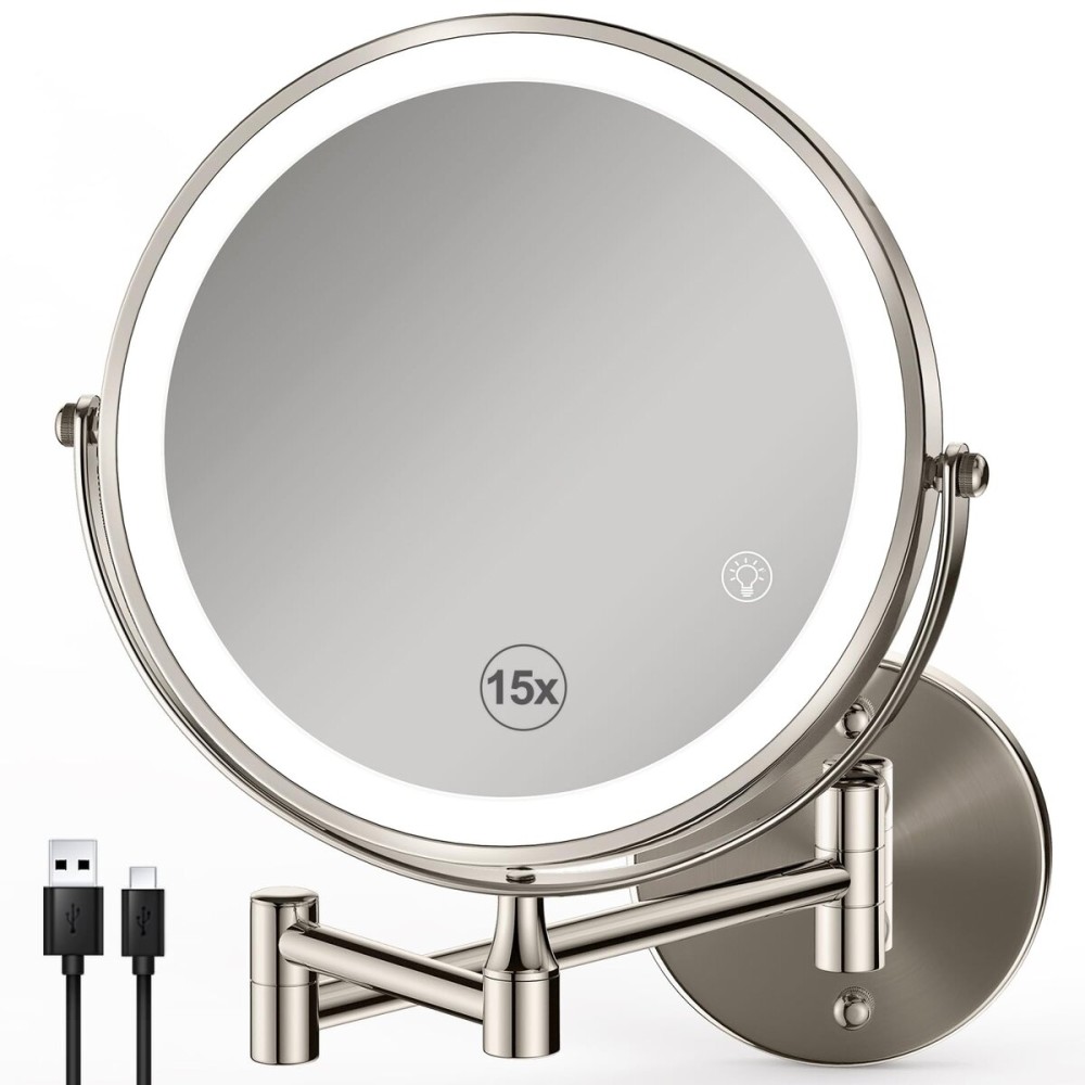 GREENFROM Magnifying Mirror with Lights 1x/15x: 8.5 Double Sided Wall Mounted Lighted Makeup Mirror for Bathroom, Brushed Nickel
