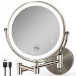 GREENFROM Magnifying Mirror with Lights 1x/15x: 8.5 Double Sided Wall Mounted Lighted Makeup Mirror for Bathroom, Brushed Nickel