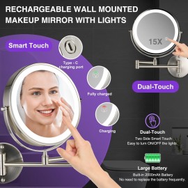 GREENFROM Magnifying Mirror with Lights 1x/15x: 8.5 Double Sided Wall Mounted Lighted Makeup Mirror for Bathroom, Brushed Nickel