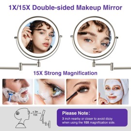 GREENFROM Magnifying Mirror with Lights 1x/15x: 8.5 Double Sided Wall Mounted Lighted Makeup Mirror for Bathroom, Brushed Nickel