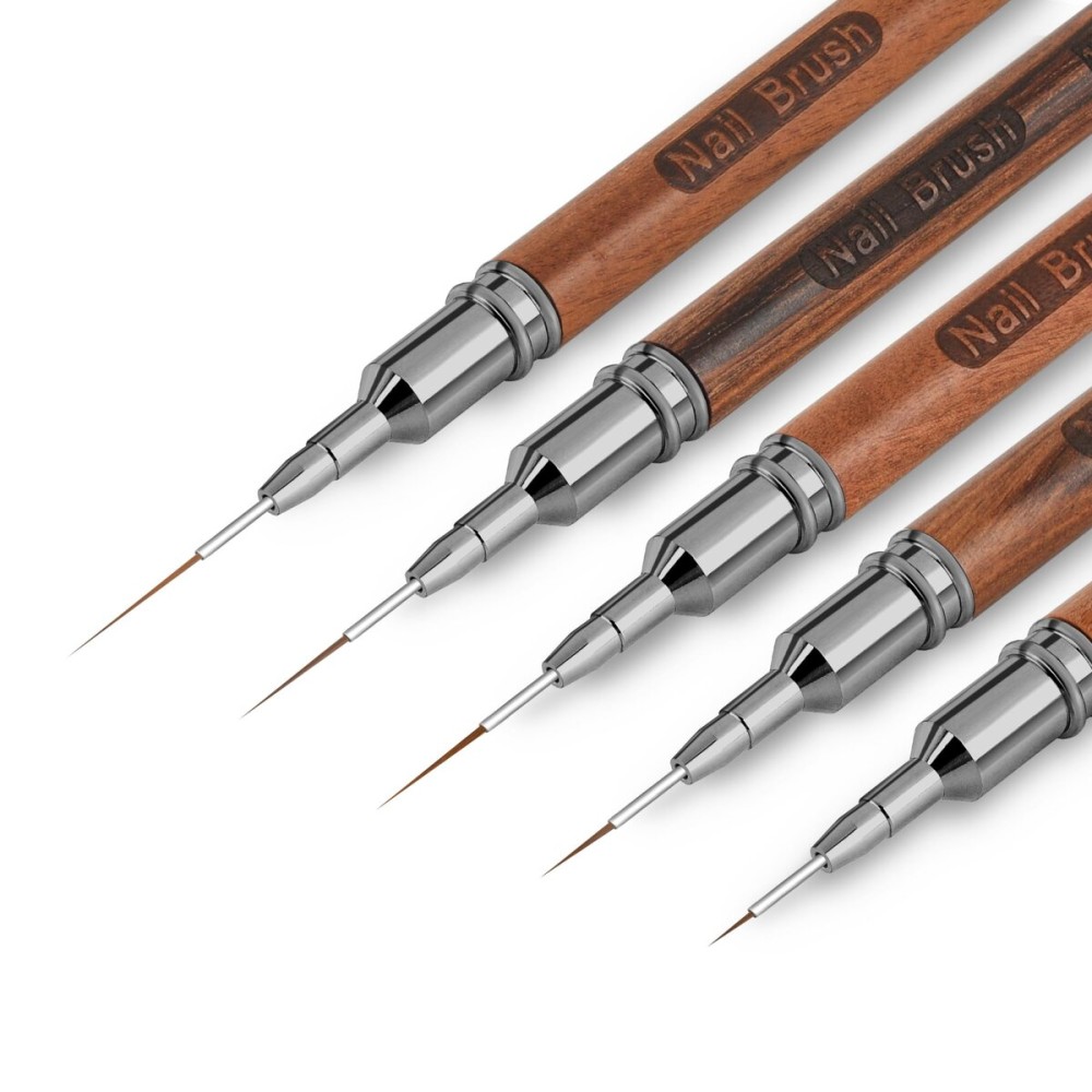ZEOHBETY Wooden Nail Art Brushes, 5Pcs Nail Art Liner Brushes, Painting Art Design Brush Set Nail Dotting Drawing Tool for Long Lines, Thin Details, Fine Drawing Sizes 6/9/12/15/18mm, Natural