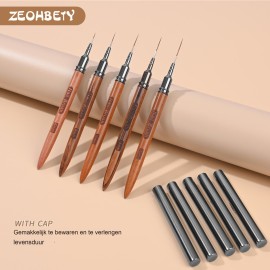 ZEOHBETY Wooden Nail Art Brushes, 5Pcs Nail Art Liner Brushes, Painting Art Design Brush Set Nail Dotting Drawing Tool for Long Lines, Thin Details, Fine Drawing Sizes 6/9/12/15/18mm, Natural