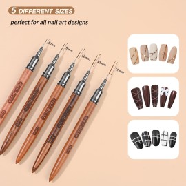 ZEOHBETY Wooden Nail Art Brushes, 5Pcs Nail Art Liner Brushes, Painting Art Design Brush Set Nail Dotting Drawing Tool for Long Lines, Thin Details, Fine Drawing Sizes 6/9/12/15/18mm, Natural