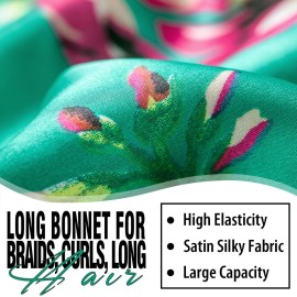 3Pcs Bonnets for Black Women Braids, Long Satin Bonnet with Stretchy Tie Band Sleep Cap for Long Hair (Purple & Leopard & Flower)