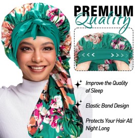 3Pcs Bonnets for Black Women Braids, Long Satin Bonnet with Stretchy Tie Band Sleep Cap for Long Hair (Purple & Leopard & Flower)