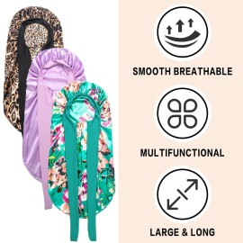 3Pcs Bonnets for Black Women Braids, Long Satin Bonnet with Stretchy Tie Band Sleep Cap for Long Hair (Purple & Leopard & Flower)