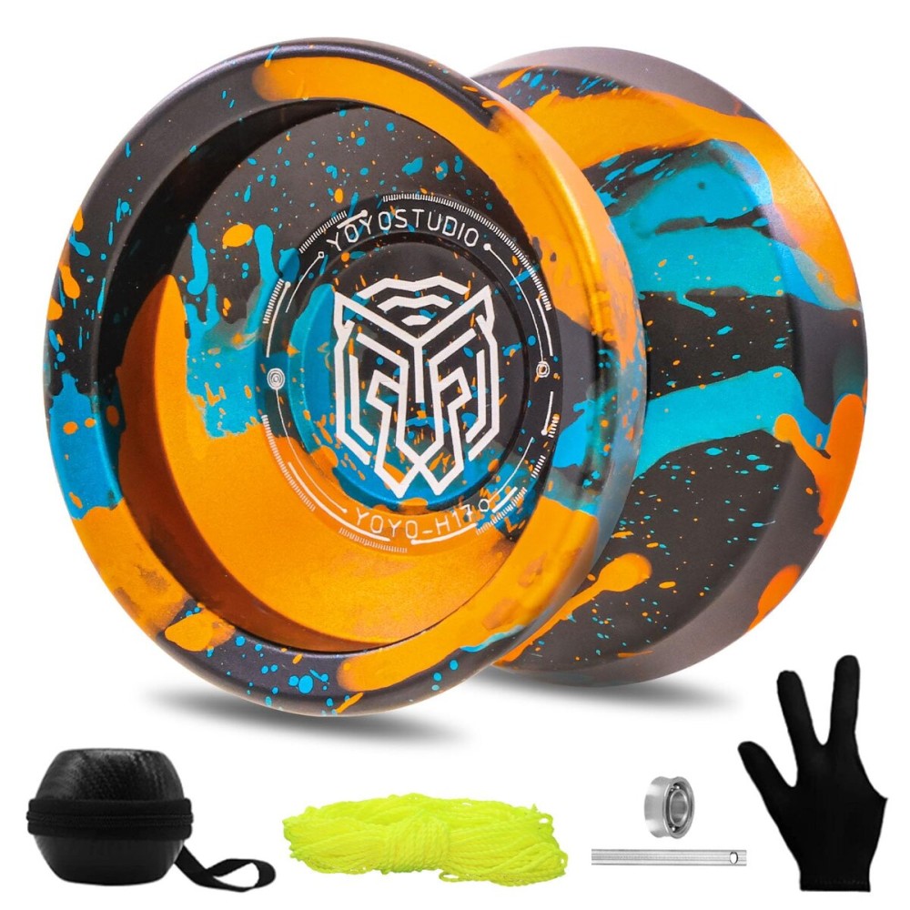 YOYOSTUDIO H17 Responsive Yoyo Professional Dual Purpose Yoyo for Kids 8-12 Unresponsive Yo Yo for Adults with Yoyos Bearings Kits, 10 Yo-Yo Strings, Case & Glove (Black Gold Blue)