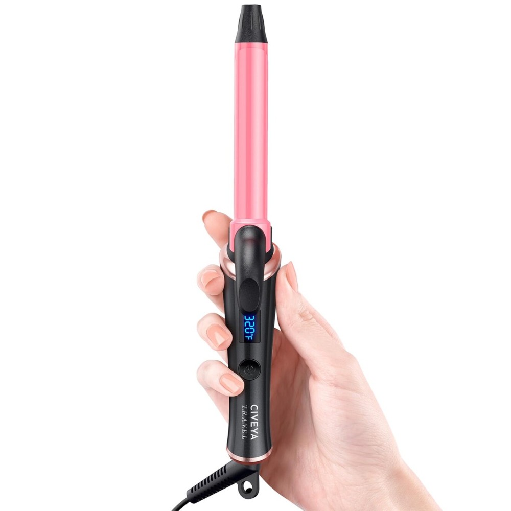 CIVEYA Temp Control Travel Curling Iron 3/4 Inch Dual Voltage, Small Mini Curling Iron for Short Hair, Travel Size Hair Curler Wand Pink