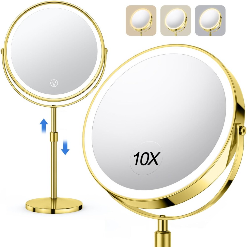 10X Large Lighted Makeup Mirror, Rechargeable 8 Height Adjustable Vanity Mirror, 1x/10x Magnifying Mirror with 3 Color, Brightness Adjustable, 360 Rotation Double Sided Mirror, Ideal Gift(Gold)