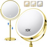 10X Large Lighted Makeup Mirror, Rechargeable 8 Height Adjustable Vanity Mirror, 1x/10x Magnifying Mirror with 3 Color, Brightness Adjustable, 360 Rotation Double Sided Mirror, Ideal Gift(Gold)