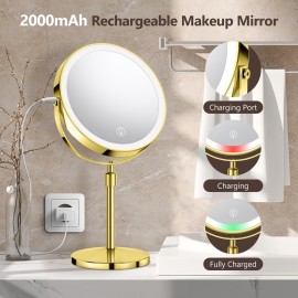 10X Large Lighted Makeup Mirror, Rechargeable 8 Height Adjustable Vanity Mirror, 1x/10x Magnifying Mirror with 3 Color, Brightness Adjustable, 360 Rotation Double Sided Mirror, Ideal Gift(Gold)