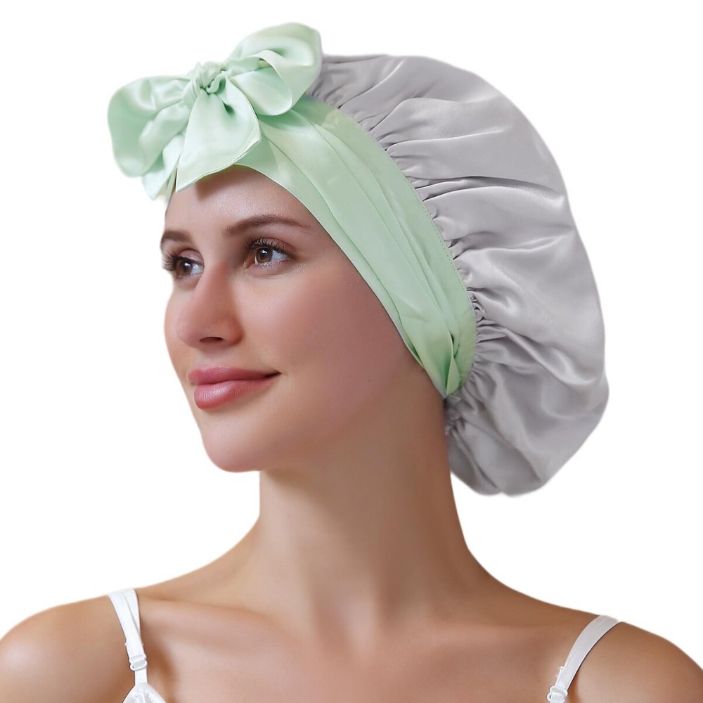 ZIMASILK 100% Mulberry Silk Bonnet for Sleeping Women Double Layer Hair Wrap with Silk Tie Band Natural Cap for Hair Care Stay on Head (1Pc, Purple + Green)