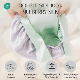 ZIMASILK 100% Mulberry Silk Bonnet for Sleeping Women Double Layer Hair Wrap with Silk Tie Band Natural Cap for Hair Care Stay on Head (1Pc, Purple + Green)
