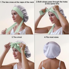ZIMASILK 100% Mulberry Silk Bonnet for Sleeping Women Double Layer Hair Wrap with Silk Tie Band Natural Cap for Hair Care Stay on Head (1Pc, Purple + Green)