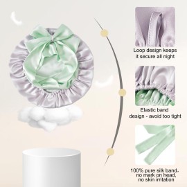 ZIMASILK 100% Mulberry Silk Bonnet for Sleeping Women Double Layer Hair Wrap with Silk Tie Band Natural Cap for Hair Care Stay on Head (1Pc, Purple + Green)