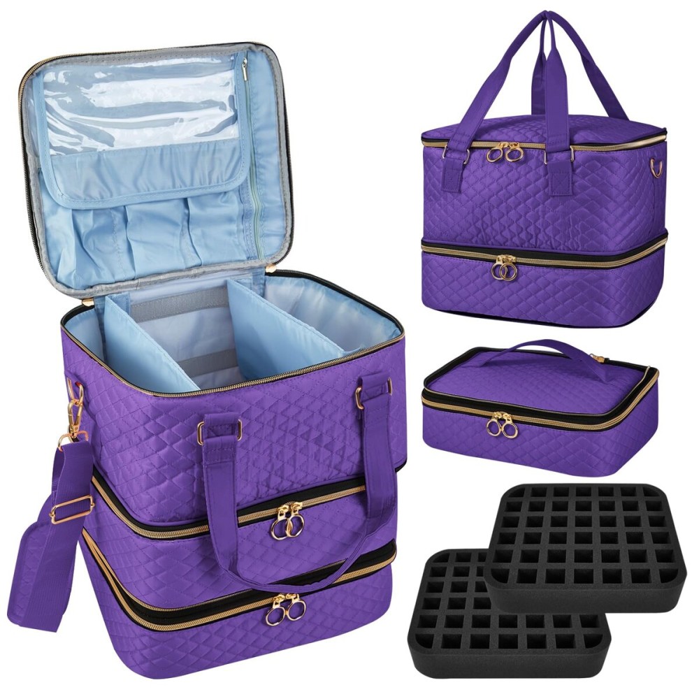 Cheungren Nail Polish Organizer Case - Three Layer Nail Polish Storage Bag with Adjustable Dividers Holds 84 Bottles Nail Polish Nail Lamp Nail Kit Supplies Organizer Box - Purple