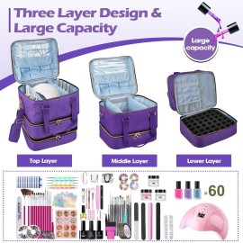 Cheungren Nail Polish Organizer Case - Three Layer Nail Polish Storage Bag with Adjustable Dividers Holds 84 Bottles Nail Polish Nail Lamp Nail Kit Supplies Organizer Box - Purple