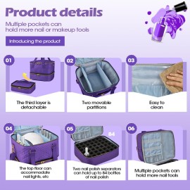 Cheungren Nail Polish Organizer Case - Three Layer Nail Polish Storage Bag with Adjustable Dividers Holds 84 Bottles Nail Polish Nail Lamp Nail Kit Supplies Organizer Box - Purple