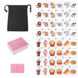 GRACIAS 2 Players Mahjong Block Set, Mahjong Tile Game with 50 Premium Pink Tiles(30mm) Animal and Food Pattern, Portable Mahjongg Set with A Carry Bag