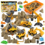 Asoxt 43-Piece Construction Sensory Playset - 2 lbs Play Sand, 4 DIY Trucks, Crane & Road Signs - Creative Sandbox Toy for Kids Ages 3+