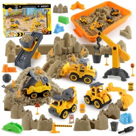 Asoxt 43-Piece Construction Sensory Playset - 2 lbs Play Sand, 4 DIY Trucks, Crane & Road Signs - Creative Sandbox Toy for Kids Ages 3+