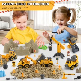 Asoxt 43-Piece Construction Sensory Playset - 2 lbs Play Sand, 4 DIY Trucks, Crane & Road Signs - Creative Sandbox Toy for Kids Ages 3+
