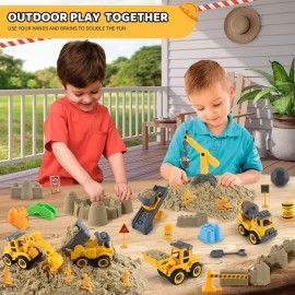 Asoxt 43-Piece Construction Sensory Playset - 2 lbs Play Sand, 4 DIY Trucks, Crane & Road Signs - Creative Sandbox Toy for Kids Ages 3+