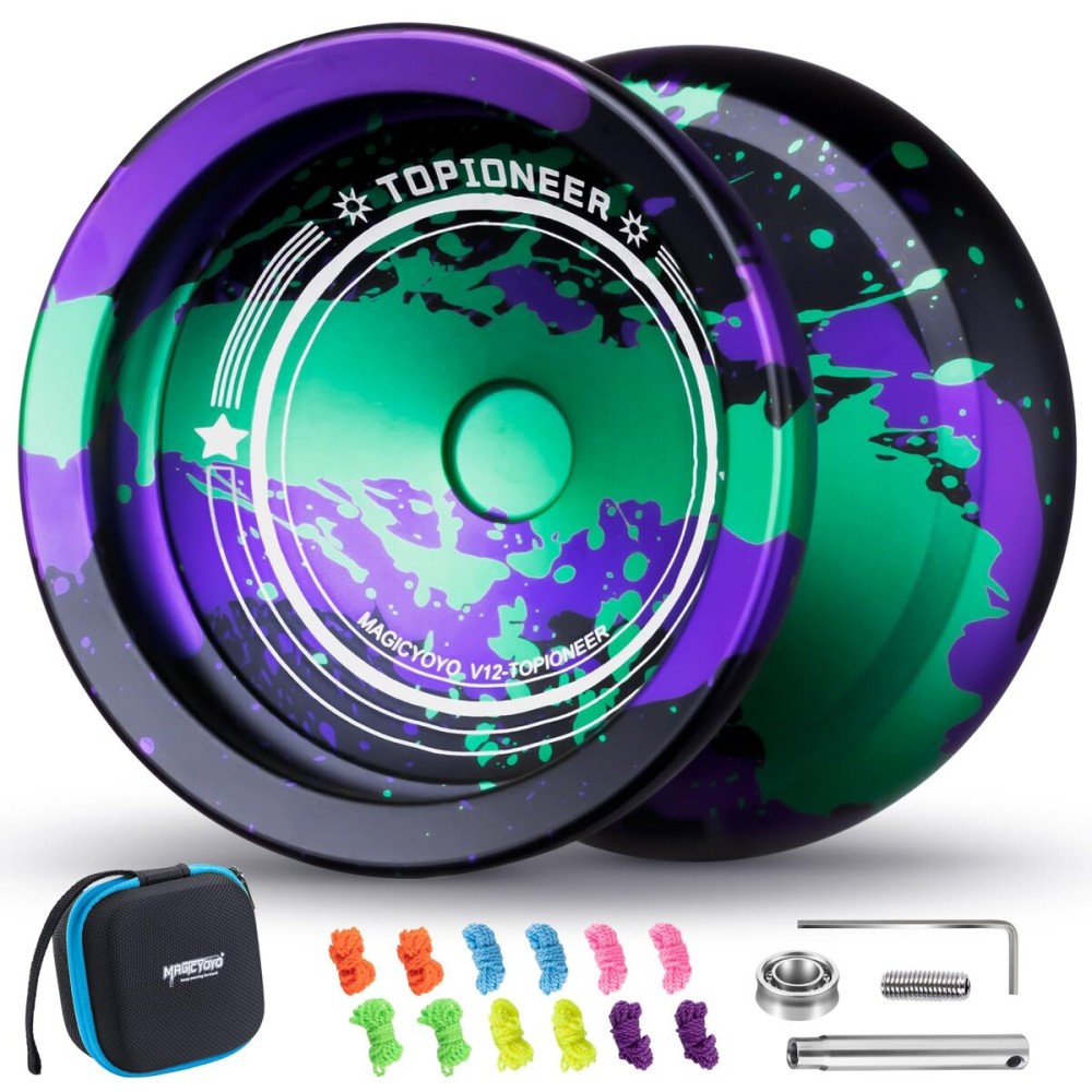 MAGICYOYO V12 Finger Spin Yoyo - Professional Responsive & Unresponsive Yoyo for Kids & Adults, 12 Strings & Accessory Kit - Black, Green, Purple