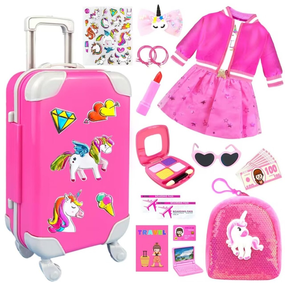 23Pcs 18 Inch Girl Doll Accessories Case Luggage Travel Play Set with Clothes, Bag, Computer Glasses, Makeup, Stickers, Stuff for 18 inch Doll - Christmas & Birthday Gift
