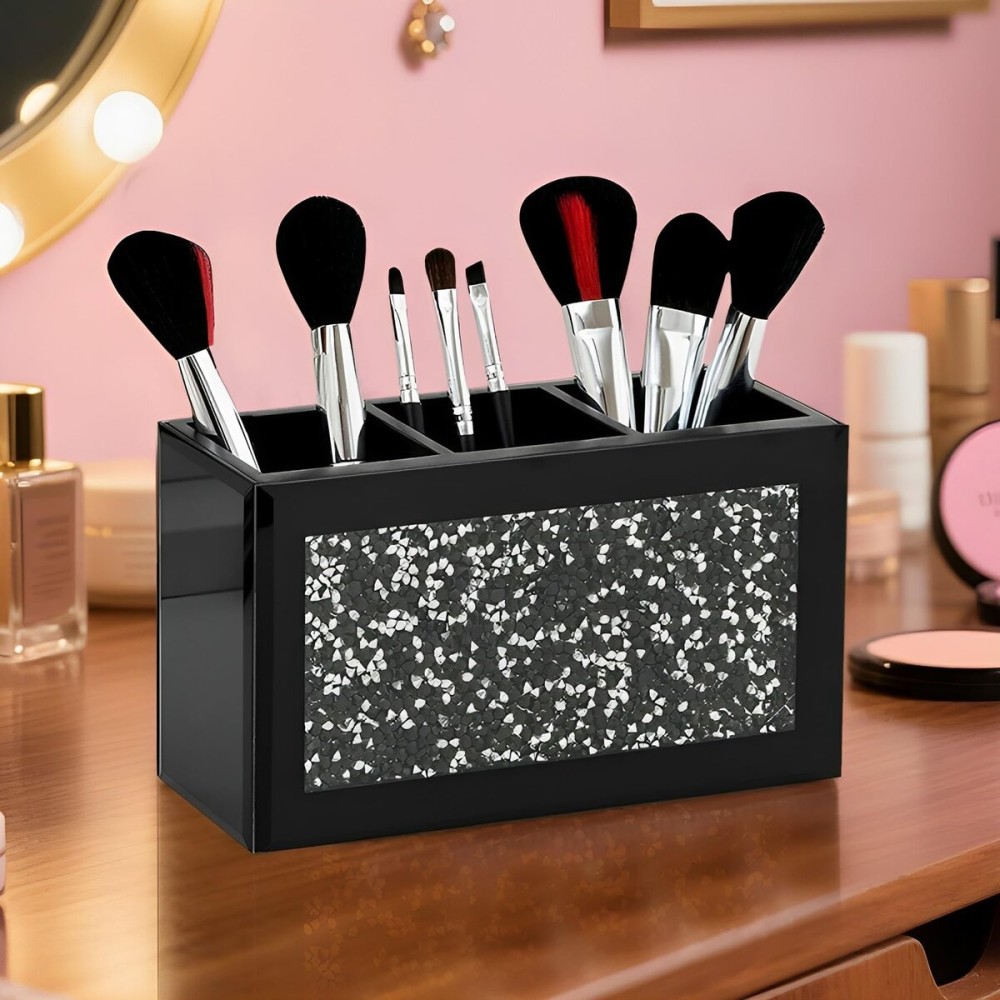 SHYFOY Black Makeup Brush Holder Organizer, 3 Slots Glass Cosmetic Brushes Storage Holder with Crushed Diamond, Pencil Pen Holder for Desk, Desk Organizer and Accessories for Vanity