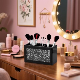 SHYFOY Black Makeup Brush Holder Organizer, 3 Slots Glass Cosmetic Brushes Storage Holder with Crushed Diamond, Pencil Pen Holder for Desk, Desk Organizer and Accessories for Vanity