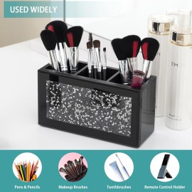 SHYFOY Black Makeup Brush Holder Organizer, 3 Slots Glass Cosmetic Brushes Storage Holder with Crushed Diamond, Pencil Pen Holder for Desk, Desk Organizer and Accessories for Vanity