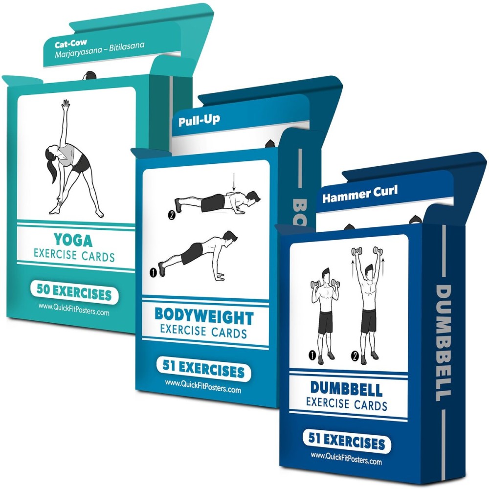 3 Pack - Dumbbell, Bodyweight & Yoga Pose Exercise Cards - Fitness Workout Playing Cards
