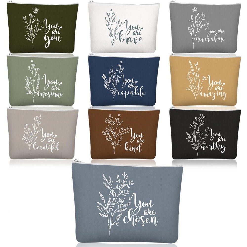 Coume 10 Pcs Boho Flower Canvas Makeup Bags Bulk Aesthetic Inspirational Quotes Cosmetic Zipper Personalized Encouragement Travel Pouch Toiletry Bag Women Teacher Friend Birthday Gifts