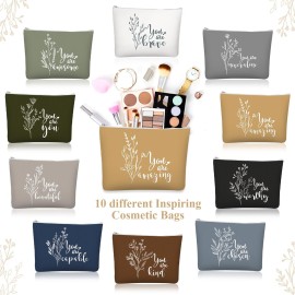 Coume 10 Pcs Boho Flower Canvas Makeup Bags Bulk Aesthetic Inspirational Quotes Cosmetic Zipper Personalized Encouragement Travel Pouch Toiletry Bag Women Teacher Friend Birthday Gifts