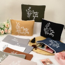 Coume 10 Pcs Boho Flower Canvas Makeup Bags Bulk Aesthetic Inspirational Quotes Cosmetic Zipper Personalized Encouragement Travel Pouch Toiletry Bag Women Teacher Friend Birthday Gifts