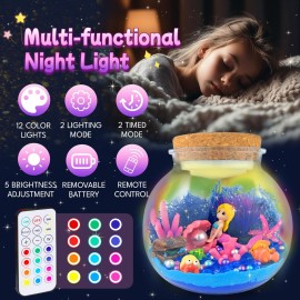 Mermaid Terrarium Craft Kit for Kids - LED Night Light Up & Remote Mermaid Birthday Gifts Toys for Girls Age 5 6 7 8 9 10 11 12 Year Old
