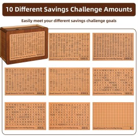 10000 Kakeibo Wooden Money Saving Challenge Box Cash Vault Piggy Bank for Adults Kids Savings Goals Smash Box Saver for Boys and Girls (10 Amounts)