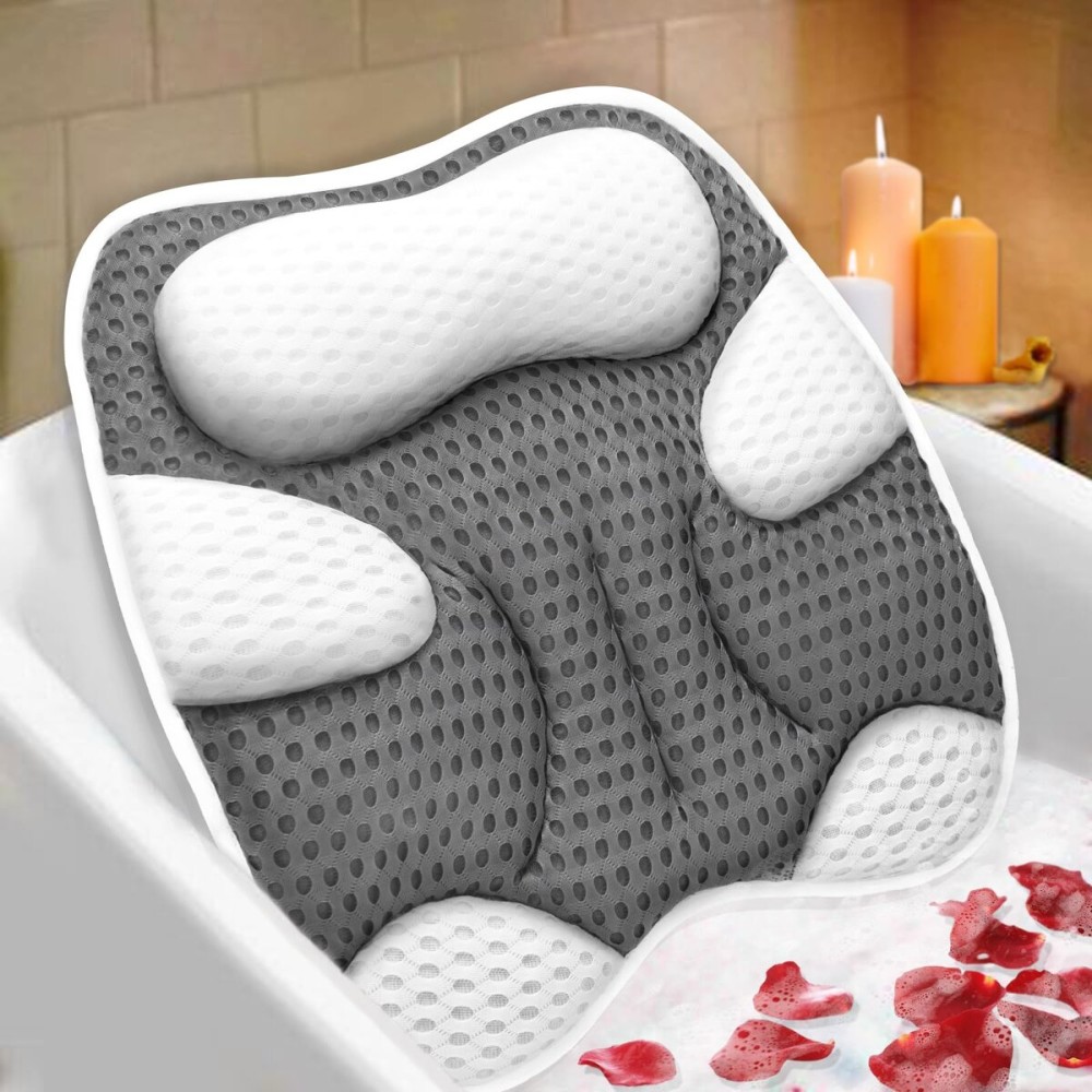 ZYIDBNG Bath Pillow for Tub Ergonomic Cat Shape Design Bath Pillow for Head and Neck Support SPA Gift Bathtub Pillow 4D Air-Mesh with 7 Suction Cups Washable Gray