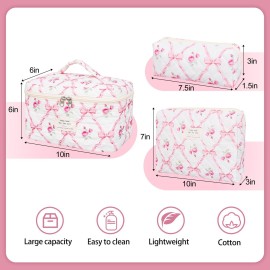SXS LACONIC Quilted Makeup Bag,Large Cosmetics Bag Set,Cotton Coquette Floral Make up Pouch,Travel Toiletry Bag for Women