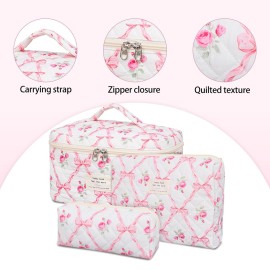 SXS LACONIC Quilted Makeup Bag,Large Cosmetics Bag Set,Cotton Coquette Floral Make up Pouch,Travel Toiletry Bag for Women