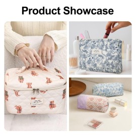 SXS LACONIC Quilted Makeup Bag,Large Cosmetics Bag Set,Cotton Coquette Floral Make up Pouch,Travel Toiletry Bag for Women